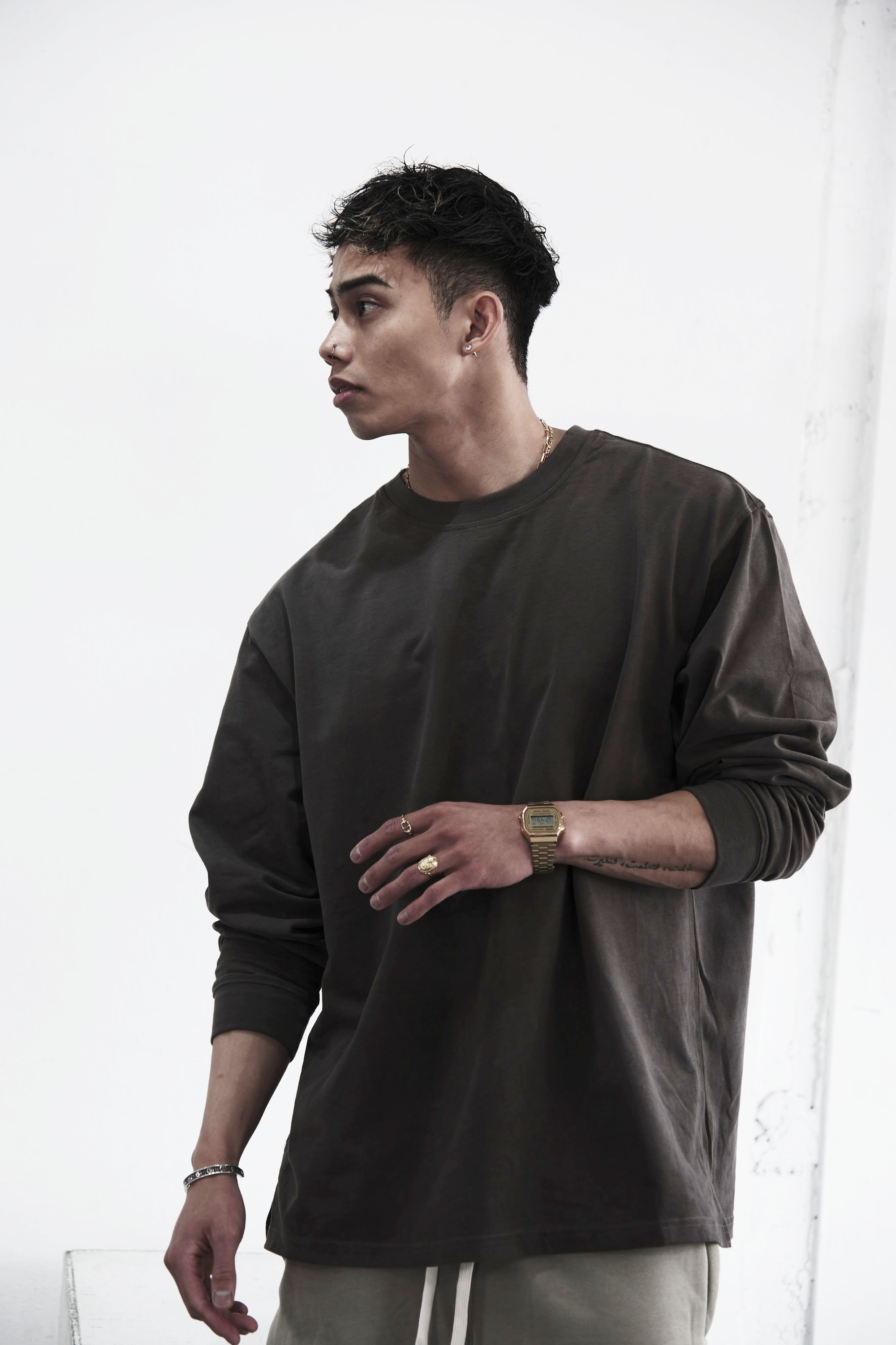 Pvot ロンT 長袖Tシャツ Pvot OverSized Long Sleeve T-shirts (Dark Olive)